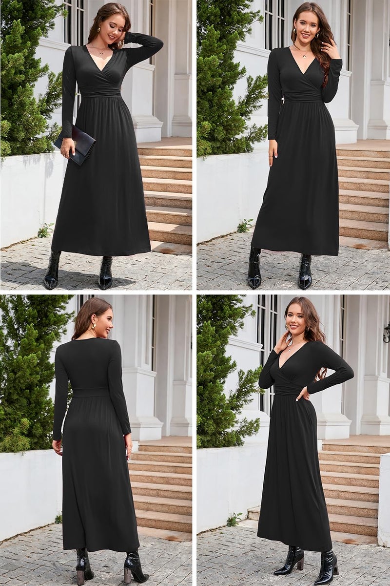 OUGES Womens Long Sleeve Black Dress V-Neck Wrap Waist Fall Formal Maxi Dress Winter Dresses for Women 2026(Black,XL) - Image 3